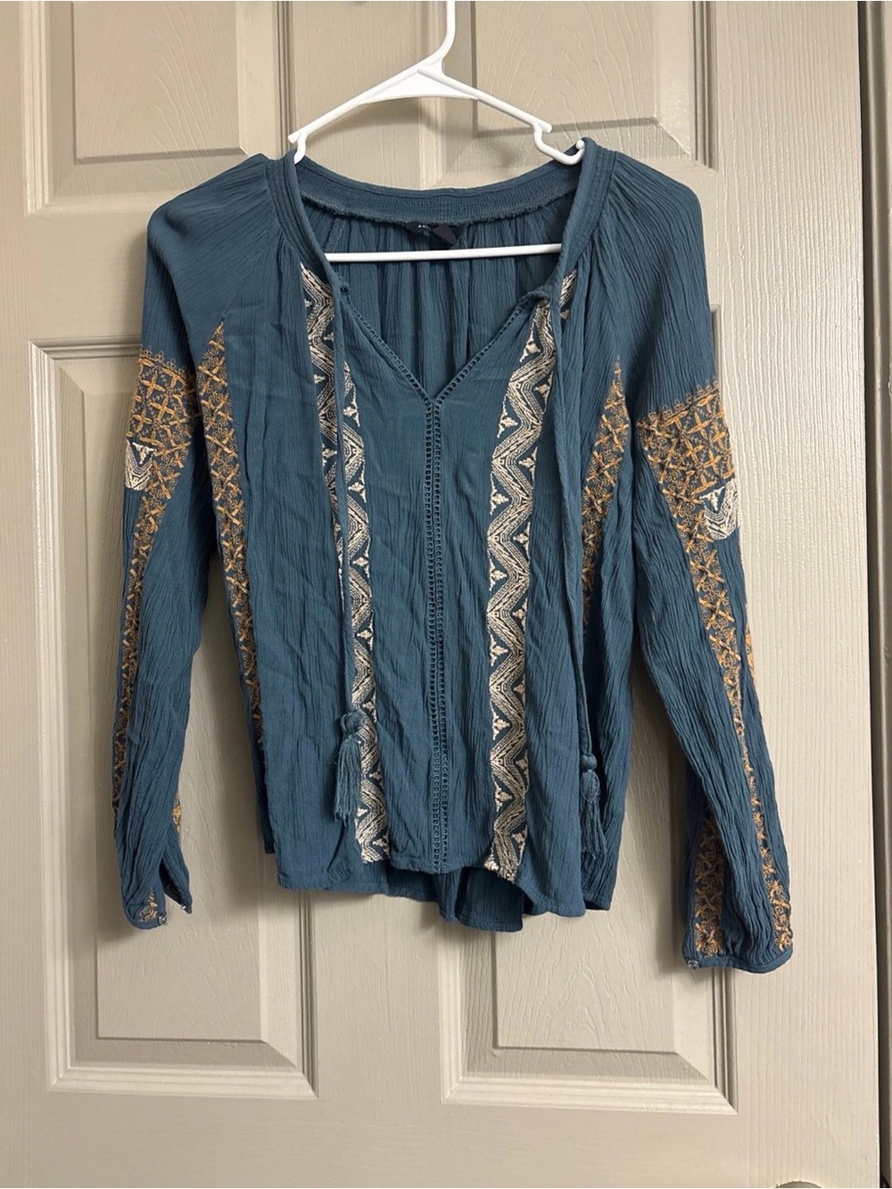 American Eagle Outfitters Teal Embroidered Tassel Peasant Top